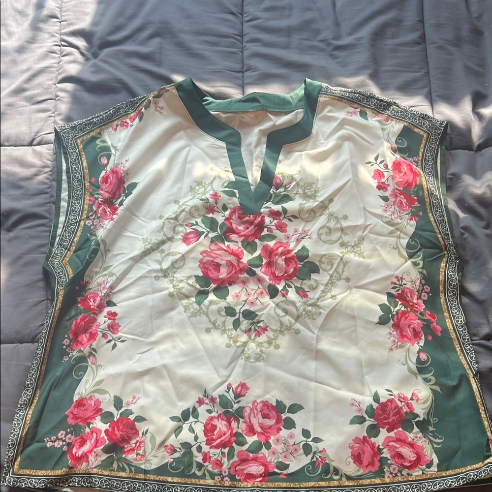 SHEIN Green and Pink Floral Blouse